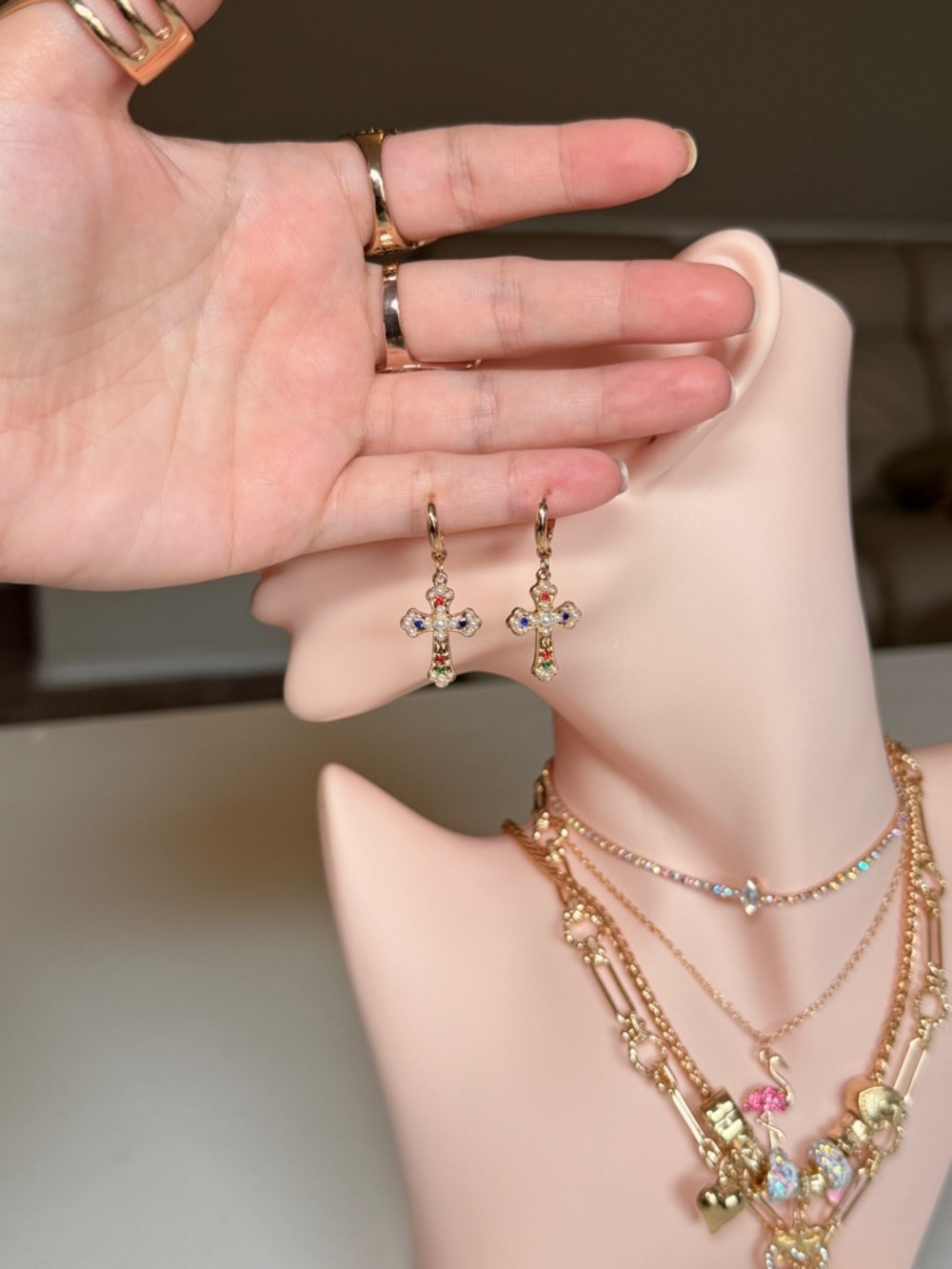 Gothic Cross Earring with Multicolor Stones LO013-1 - Picture 11 of 12